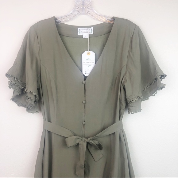 LAST 1 Olive Boho Peasant Button Down Skater Dress - Picture 2 of 8